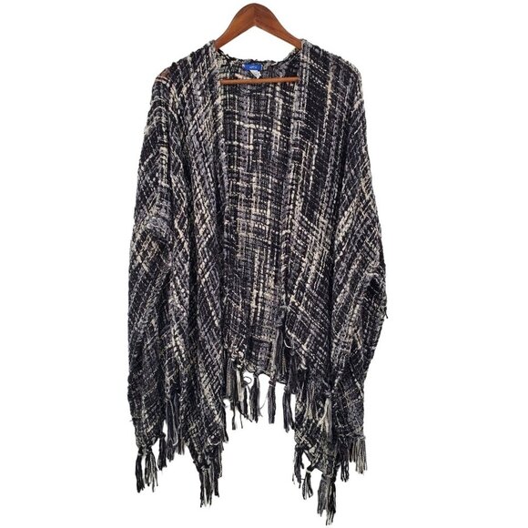 Womens Chunky Knit Fringe Poncho Cardigan Sweater One Size Black White Boho - Picture 3 of 9